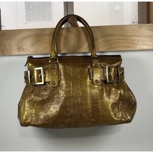 RAFE New York Metallic Gold Leather Handbag Purse Buckle DoubleHandle Retro Chic